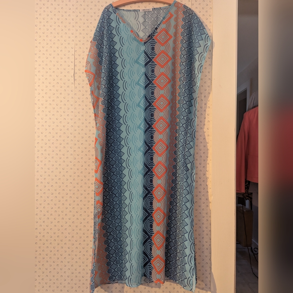 💙 Akery Kaftan L Blue Orange Patterned Maxi Sheer Beach Cover Up Resort Wear